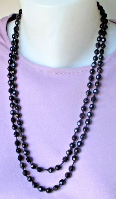 Collier Sautoir Ancien En Onyx Noir à Facettes - Longueur 122cm, Métal Doré - Bijou Fantaisie Vintage - Occasion