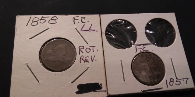 TWO COINS ;1857 and 1858 Flying Eagle Cents- 1857 LOOKS TO BE ROTATED REVERSE?