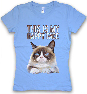 This IS MY HAPPY FACE DONNA T-shirt Grumpy GATTO viso Cat Smile Fun Gatti
