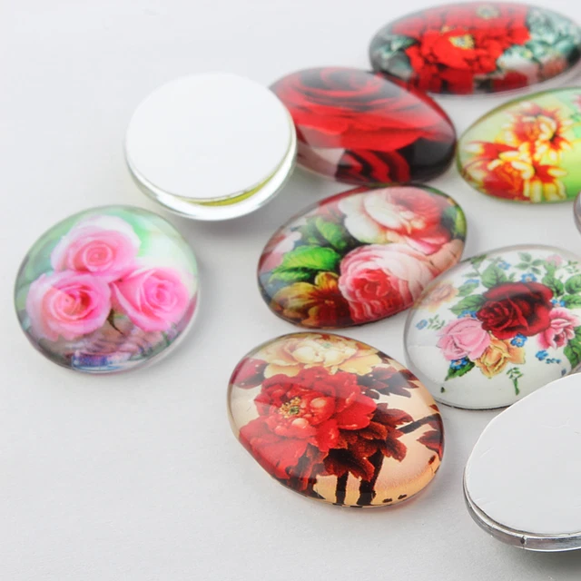 5 Stck. Blumenbedruckt Glas Oval Flatback Cabochons, gemischter Stil 25 mm x 18 mm