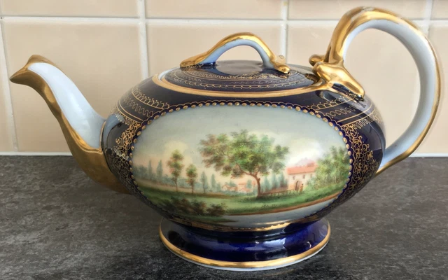 antigua KORNILOV RUSIA porcelana pintada a mano paisajes escenas TETERA CON TAPA