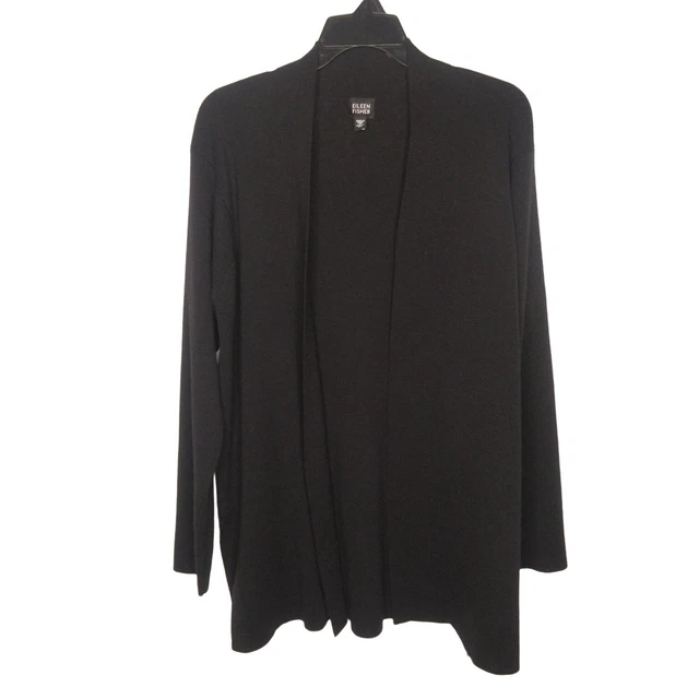 Eileen Fisher 100% wool Cardigan Medium black sweater L28" double split