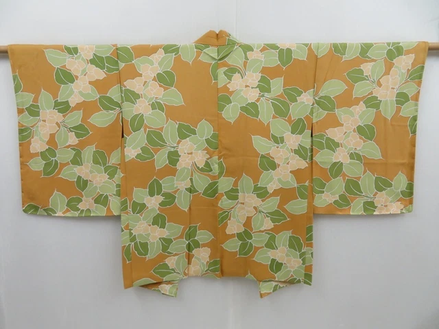 3013T03z550 Vintage Japanese Kimono Silk HAORI Flower Yellow ochre