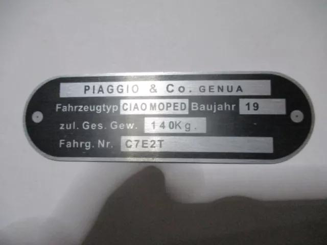 Typenschild Schild plate piaggio Ciao Moped C7E2T BJ Vespa