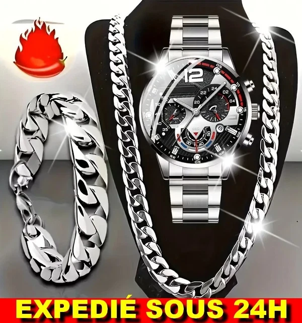 MONTRE GENEVA QUARTZ Noir Fine Homme Bijoux Bracelet Maille Acier Inoxydable EUR 10,99 - FR