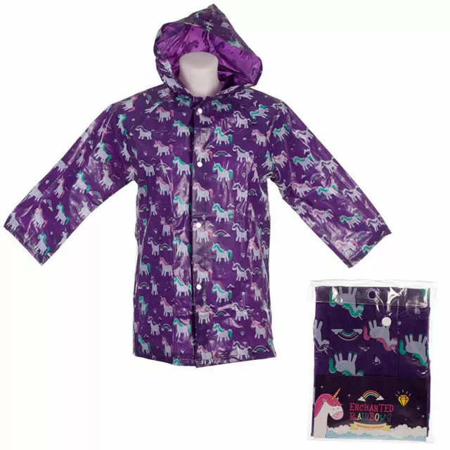 Kids Enchanted Rainbow Unicorn Pvc Raincoat -Poncho -Purple Brand New