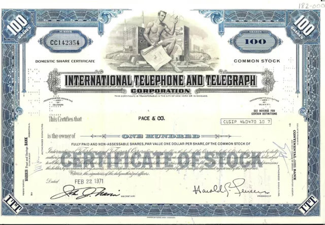 Stock certificate International Telephone & Telegraph Corp. blue 100 shares