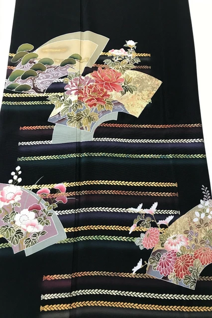 @@Japanese vintage kimono/ tomesode black silk fabric/ folding fans, gold P21