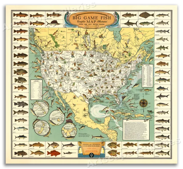 1936 Early Big Game Fish Map - Vintage Fishing Art Print Poster - 20x22