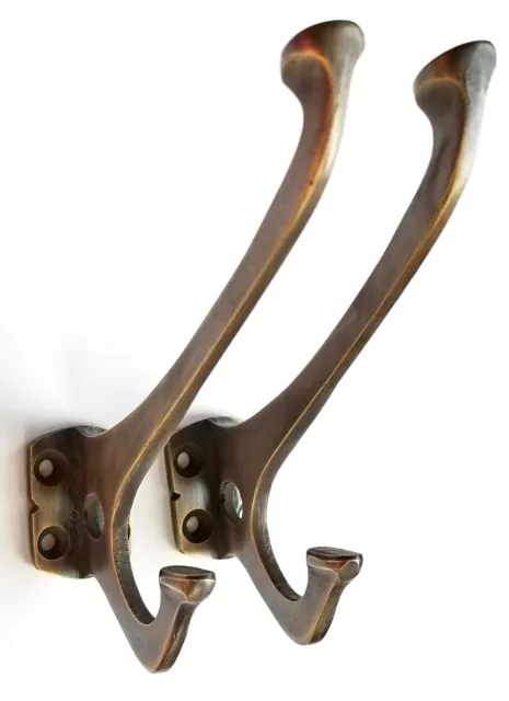 2 Antique Style Arts and Crafts Mission Coat Hat double hooks 4" solid brass #C7 2