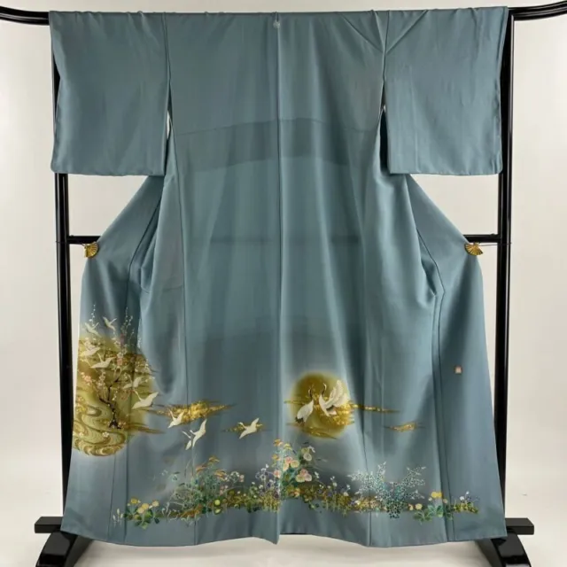 Woman Japanese Kimono Iro-Tomesode Silk Crane Plum Blossom Gold Foil BlueGray