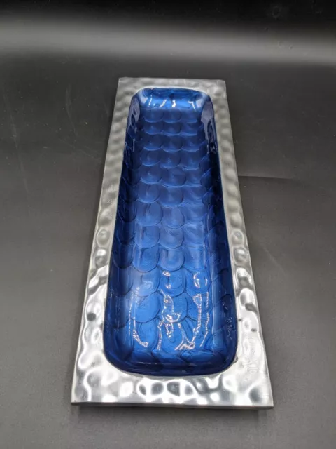 Julia Knight Silver Cobalt Blue 15" x 5.5" Platter Tray Enamel Excellent