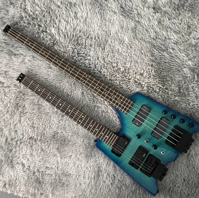 SOLID BODY HEADLESS Electric Guitar Blue Flamed Maple Top Double Neck 4