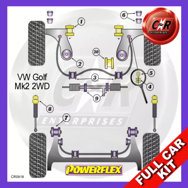 Powerflex Full Kit Power Steering, Low Eng Mount Bush For VW Golf Mk2 2WD 85-92