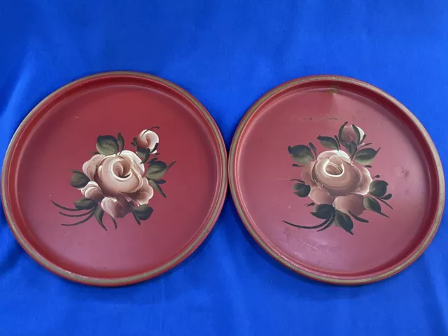 Vintage Pair Toleware Round Metal Trays Red Hand Painted Roses Gold Trim
