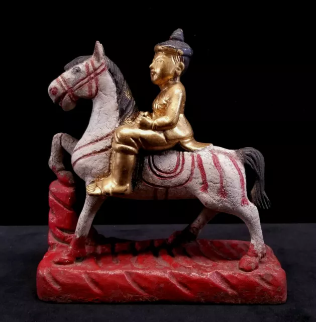 Vintage Burma Myanmar Hand Carved & Painted Gilded Nat Warrior Figure On Horse 6