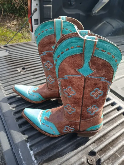 Womens Turquoise Cowgirl Leather Western Boots Distressed Snip Toe