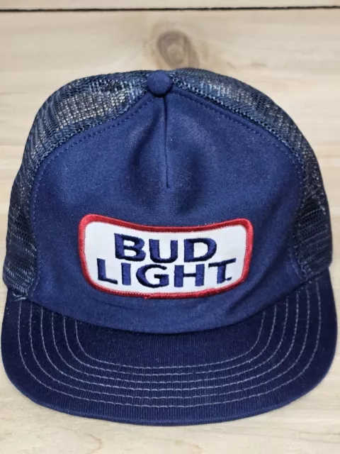 Vtg Bud Light Beer Hat Cap Snap Back Trucker Patch Mesh Made in USA Budweiser