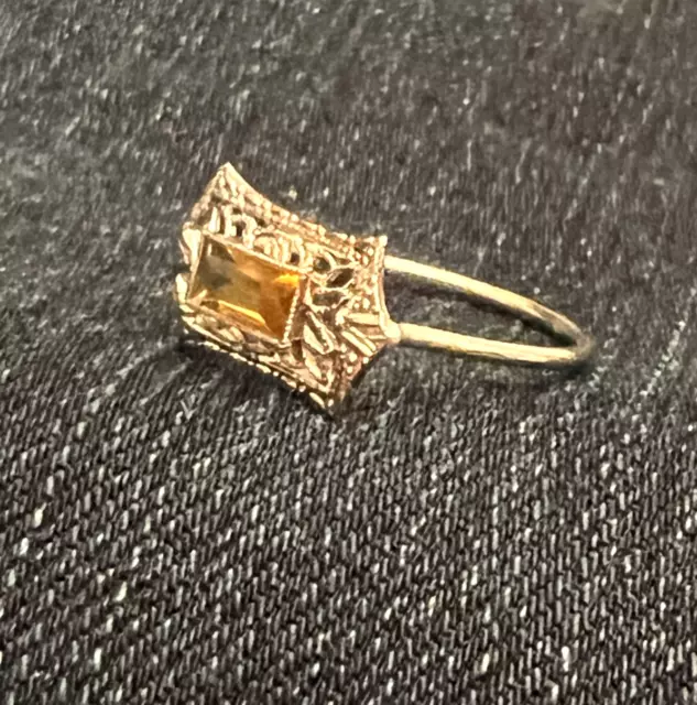 Antique 14K White Gold Citrine Filigree Ring Size 5.5