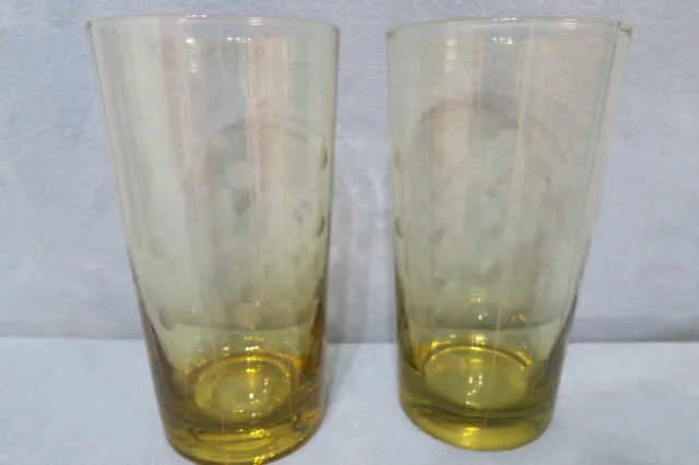 Barware Highball Iced Tea Tumbler Yellow Glass Etched Dots 6 1/4" T Set of 2