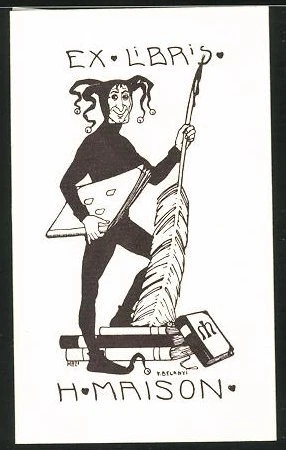 Exlibris von Belanyi für H. Maison, Harlekin mit Schreibfeder & Buch