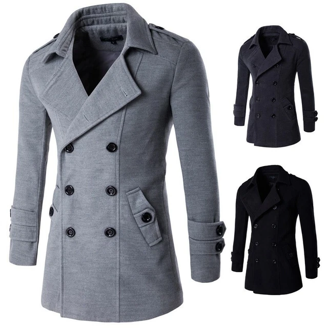 Mens Slim Fit Trench Coat Overcoat Outerwear Double Breasted Jacket Lapel Casual