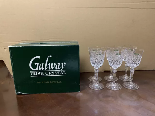 Set of (6) GALWAY CRYSTAL Blarney 6.75 White Wine Glasses w/Box -  EXCELLENT 