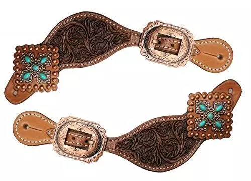 Showman Ladies Tooled Leather Spur Straps w/Vintage Turquoise Stone Conchos