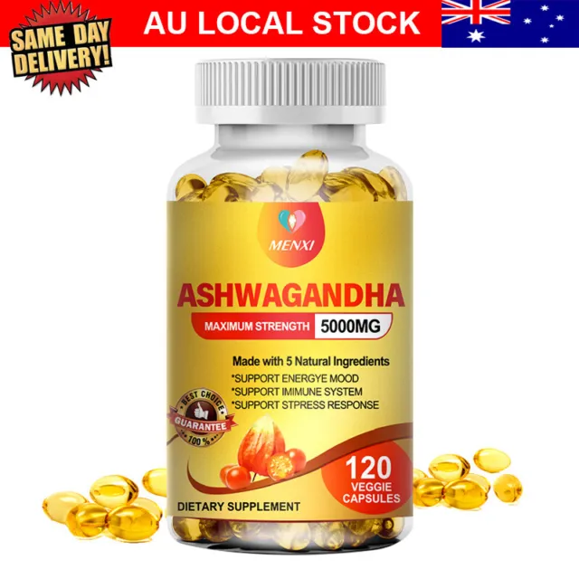 Organic Ashwagandha 120 Capsules 5000mg Relief Stress Anxiety Boosts Immunity