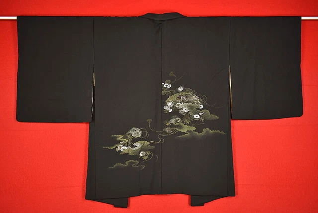 Vintage Japanese Kimono Silk Antique BORO Black HAORI Kusakizome Woven/B775/490
