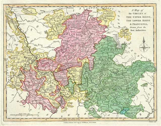 1793 WILKINSON MAP of the Upper Rhine, Lower rhine and Franconia ...