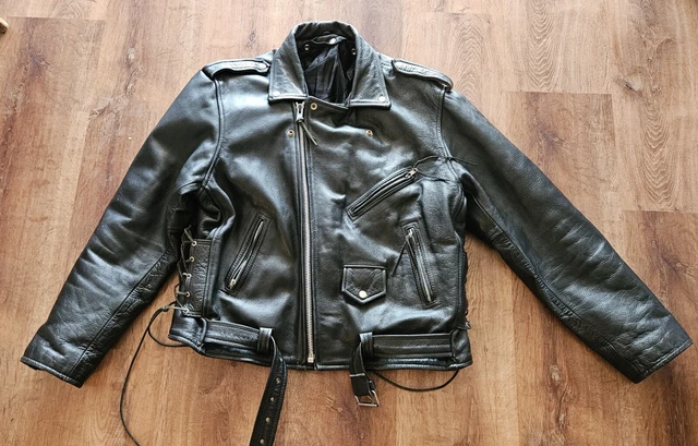 Vintage HARLEY ? Genuine  Leather  Motorcycle Biker JACKET Size 46 Patches