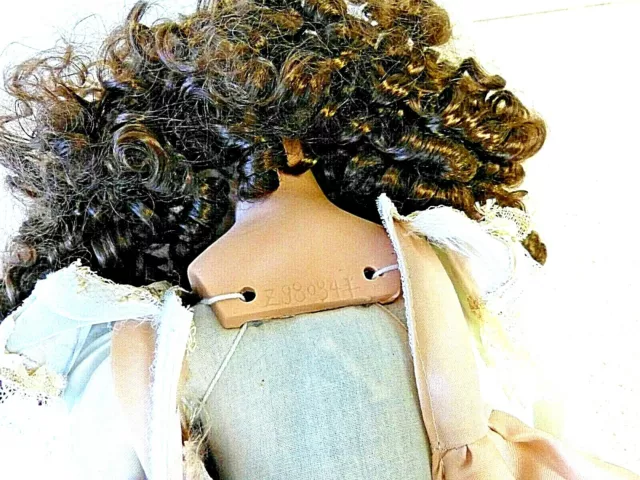 Porcelain Vintage Doll Long Ringlet Brown Hair & Peach Old Fashioned Dress Style 3