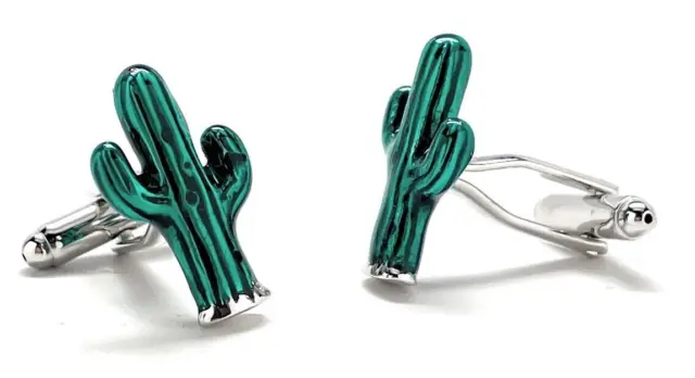 Cactus Cufflinks Silver Rhodium Green and Black Enamel Cuff Links 3D Design
