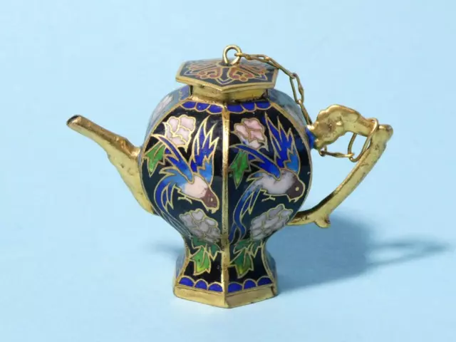 Antique Japanese Cloisonne Enamel Miniature Teapot with Flowers Birds Pattern #8