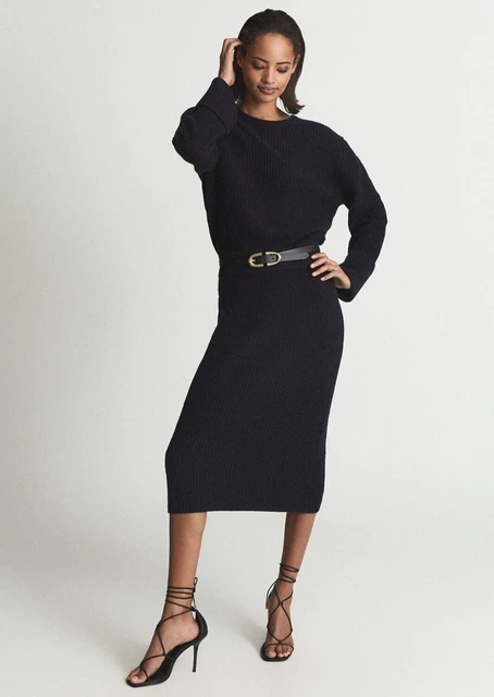 reiss jodie knitted dress Wool Blend Midi Jumper in Navy Size XS UK Size 4-6 £119.99 jc