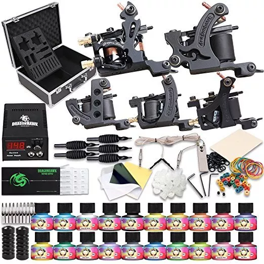 Professional Complete Tattoo Kit 5 Top Machine Gun 20 Ink 50 Needle Power Supply