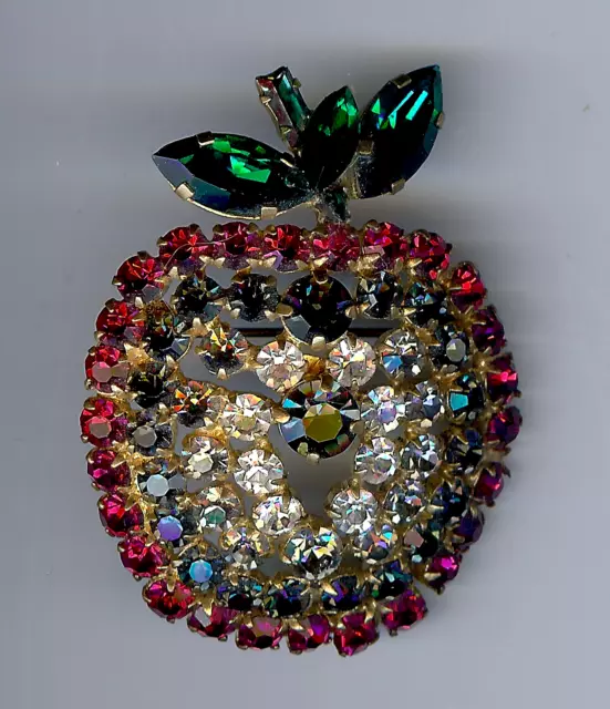 Vintage Made In Austria Multi Color Rhinestone Apple Fruit Pin Brooch *