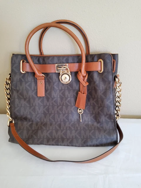 Michael Kors Brown Leather Signature Logo Hamilton Satchel, 14"×13"