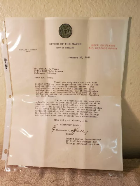 Chicago Mayor Edward Kelly signed letter 1942