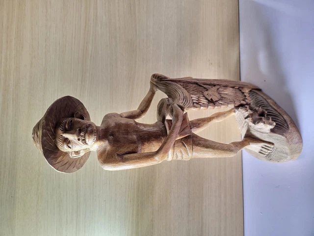 Vintage Hand Carved Oriental Wooden Fisherman with Net Figurine Ornament