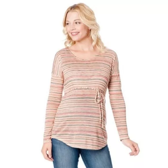 Oh Baby by Motherhood Maternity Cream Striped Long Sleeve Knit Top Sz L NWT