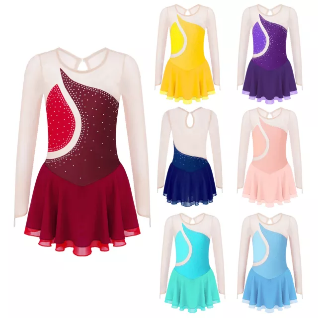 Girls Long Sleeve Glitter Rhinestone Mesh Splice Figure Ice Skating Dance Dress