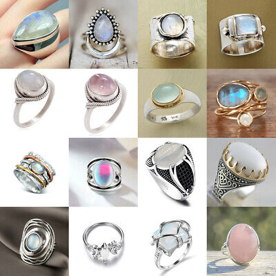 Fashion 925 Silver Rings Women Moonstone Jewelry Wedding Ring Punk Gift Size6-10