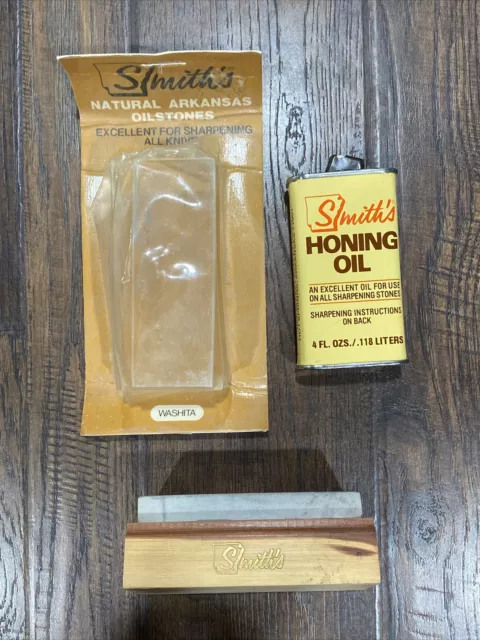 Vtg Smiths Natural Arkansas Sharpening Stone Oil Honing Kit Knives Tools Razor