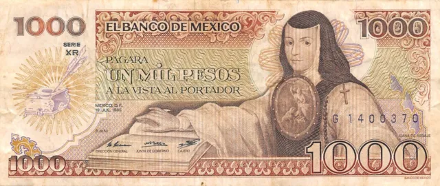 Mexico  1000  Pesos  19.7.1985  Series  XR  Prefix  G  Circulated Banknote WH2