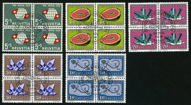 SCHWEIZ BUNDESPOST 1959, Pro Patria in Viererblocks mit zentrischen