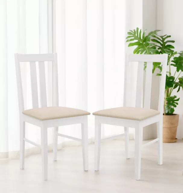 2 x Solid Wood White Painted Dining Chairs | Wooden Kitchen Table Chair Pair