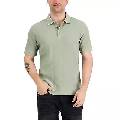 Alfani Mens Textured Stripe Polo Shirt Olive Green Large