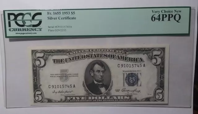 1953 $5 Silver Certificate PCGS 1655 Fr. 64 PPQ Very Choice New (PM-304)